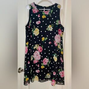 Vintage JH Black Floral Polka Dot Sleeveless Swing Dress Size 16